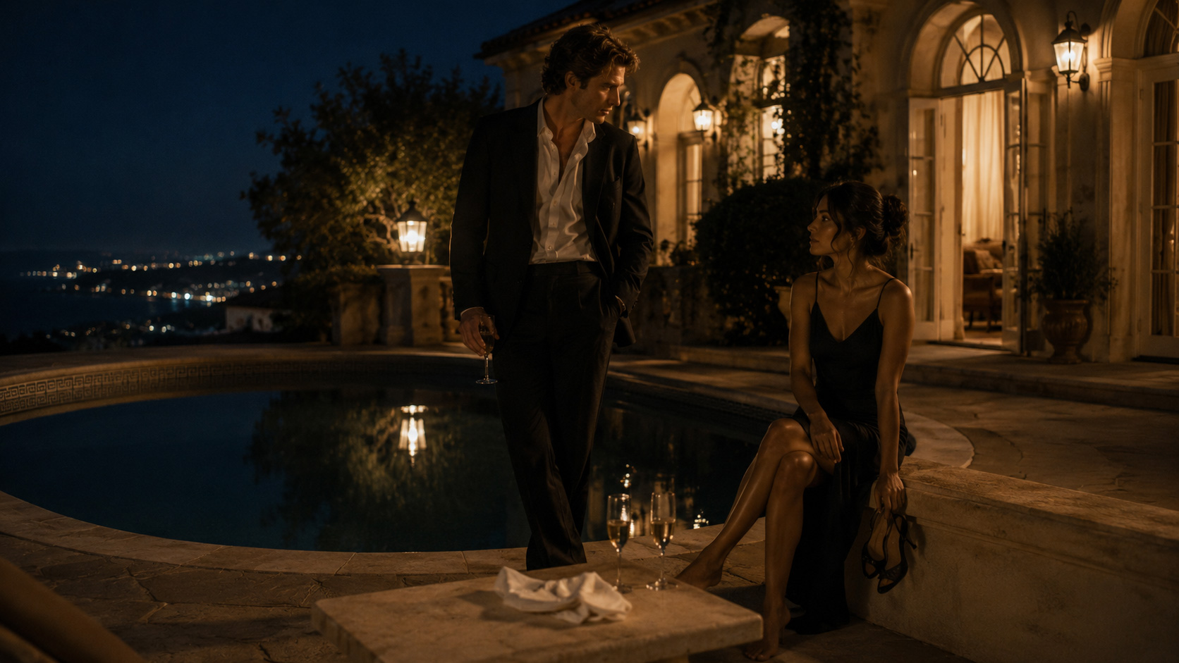 Alexander and Sofia alone on a Montecito estate terrace after a party