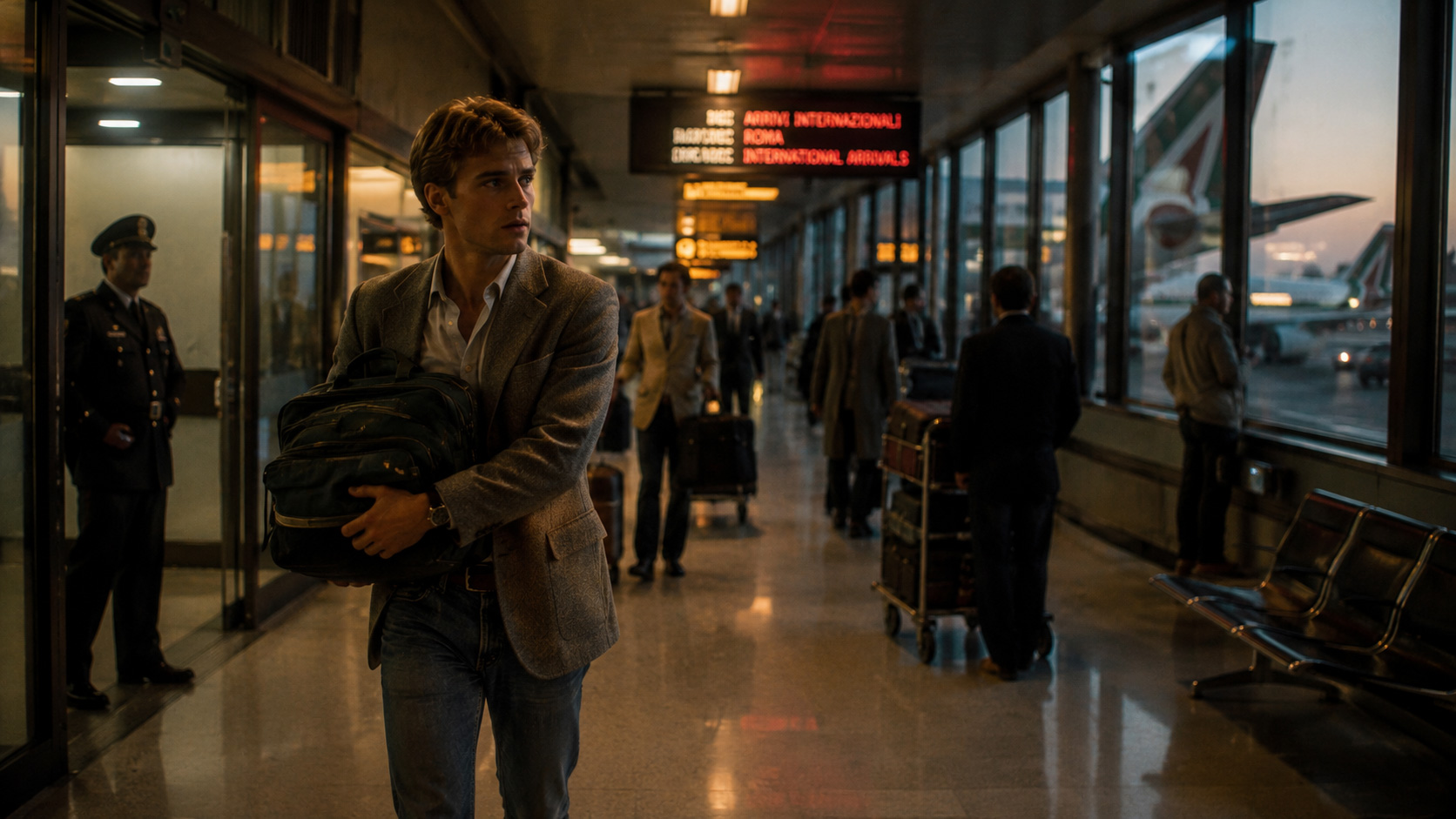 A young American producer arriving at Leonardo da Vinci Airport in 1981