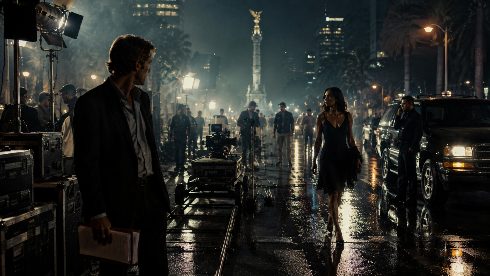 Nighttime film production on Paseo de la Reforma in Mexico City