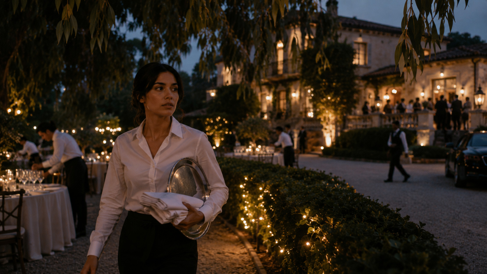 Sofia moving through the outer grounds of a Montecito estate during an elite evening event